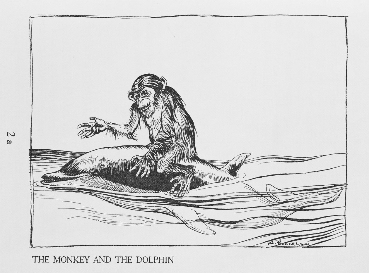 Apina ja delfiini, kuvitus Aesops Fablesista, julkaisija Heinemann, 1912 tekijältä Arthur Rackham