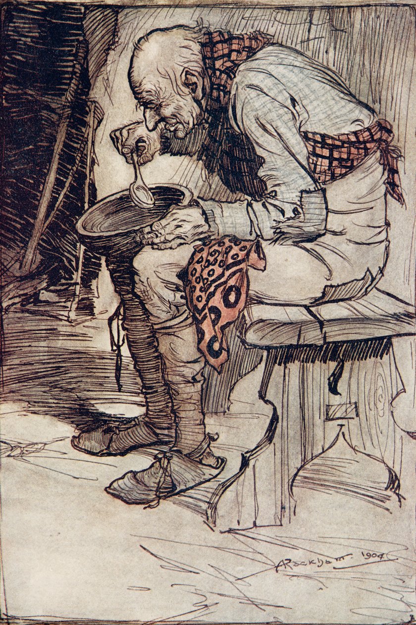 Vanhus joutui istumaan yksin ja syömään ruokansa puukulhosta ...Grimmin veljesten saduista, pub. 1909 tekijältä Arthur Rackham