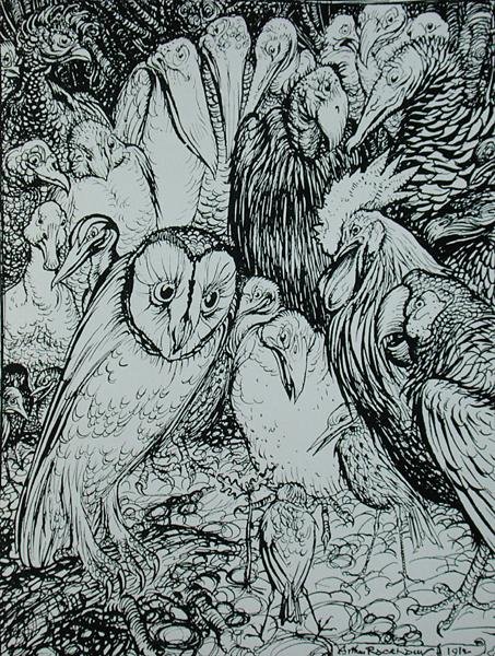 Pöllö ja linnut, kuvitus teoksesta Aesop