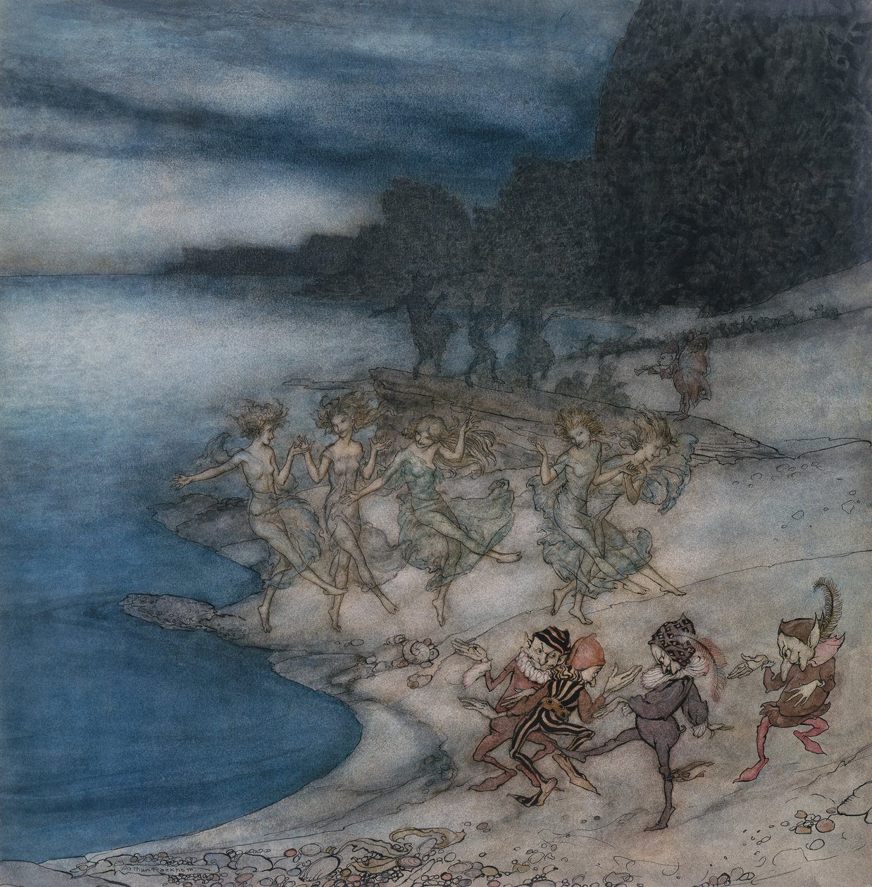 The Pert Fairies ja The Dapper Elves (akvarelli ja kynä ja musta muste) tekijältä Arthur Rackham