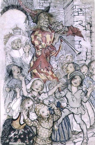 Hamelinin Pied Piper, kuvitus Robert Browningin (1812-89) pubin runoon. 1934 (kynä ja muste, akvarelli paperille) tekijältä Arthur Rackham
