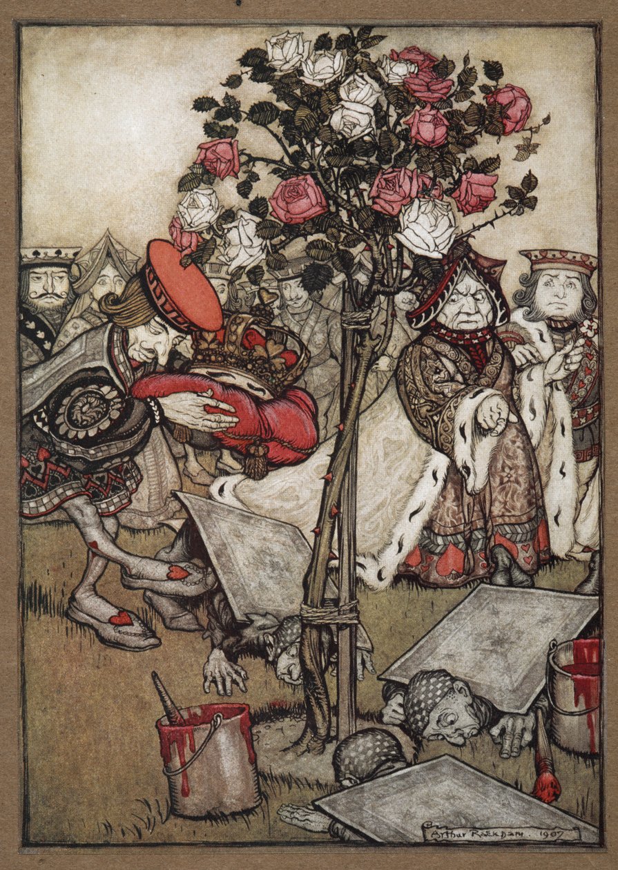 Kuningatar, kuningas ja Sydämien Roisto ohittivat korteiksi pukeutuneet miehet, jotka maalasivat ruusupensaan punaiseksi tekijältä Arthur Rackham