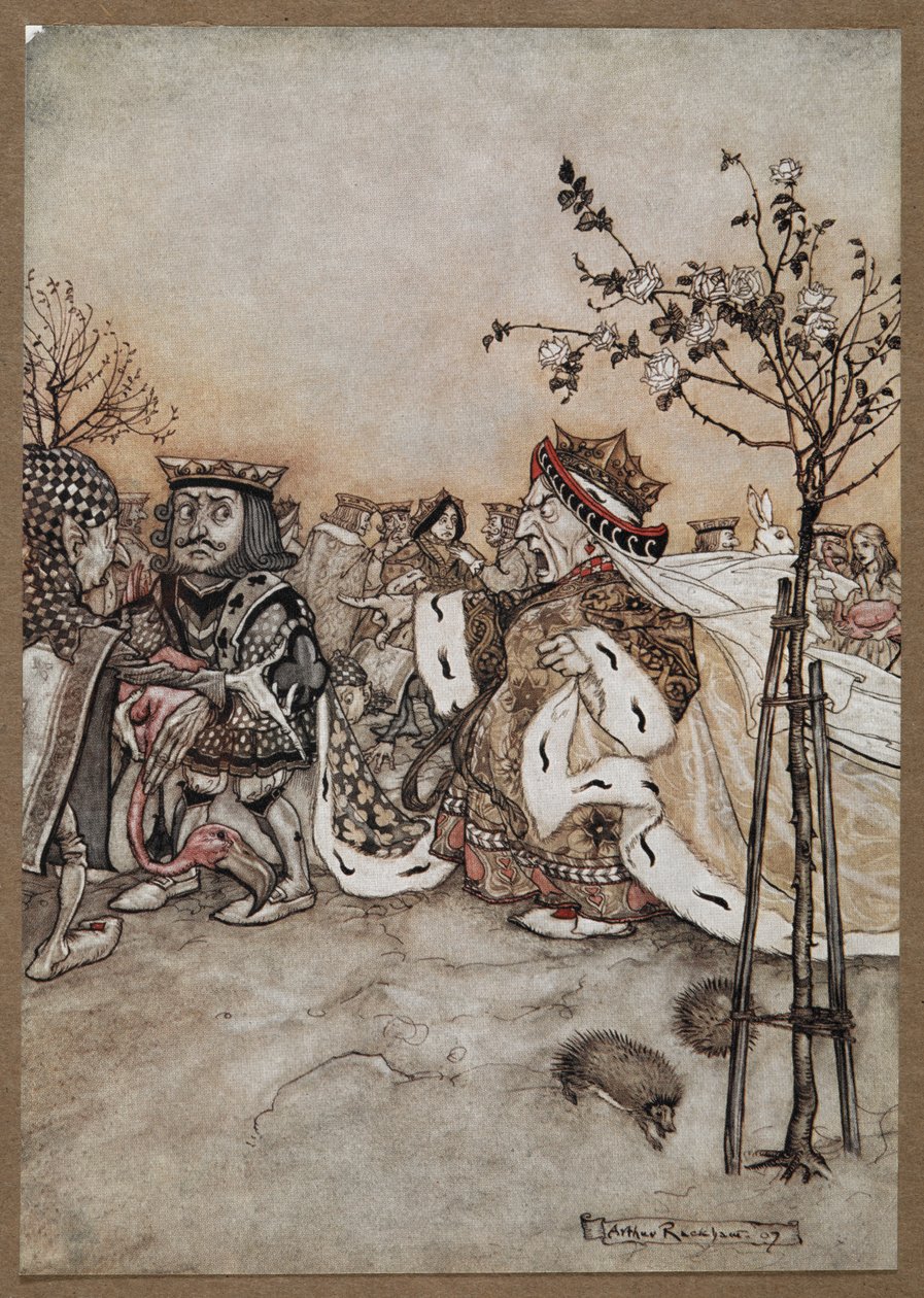 Sydänten kuningatar huutaa vihaisesti krokettipelin jälkeen tekijältä Arthur Rackham