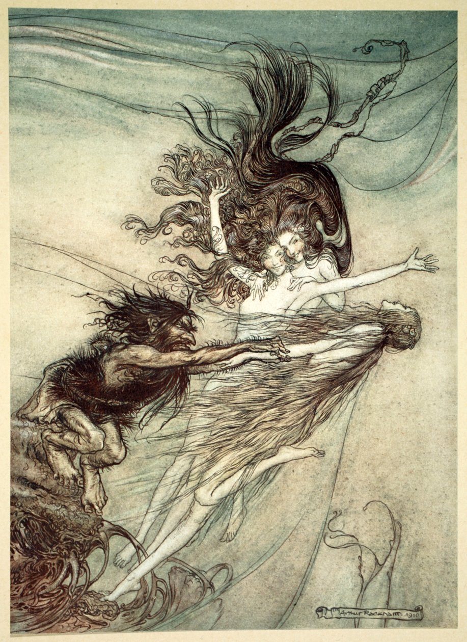 "Reinneidot kiusaamassa Alberichia", 1910. tekijältä Arthur Rackham