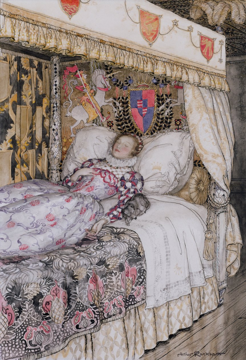 Nukkuva prinsessa, kuvitus The Allies Fairy Bookiin, Heinemann, 1916 (kynä ja muste wc:llä paperilla) tekijältä Arthur Rackham