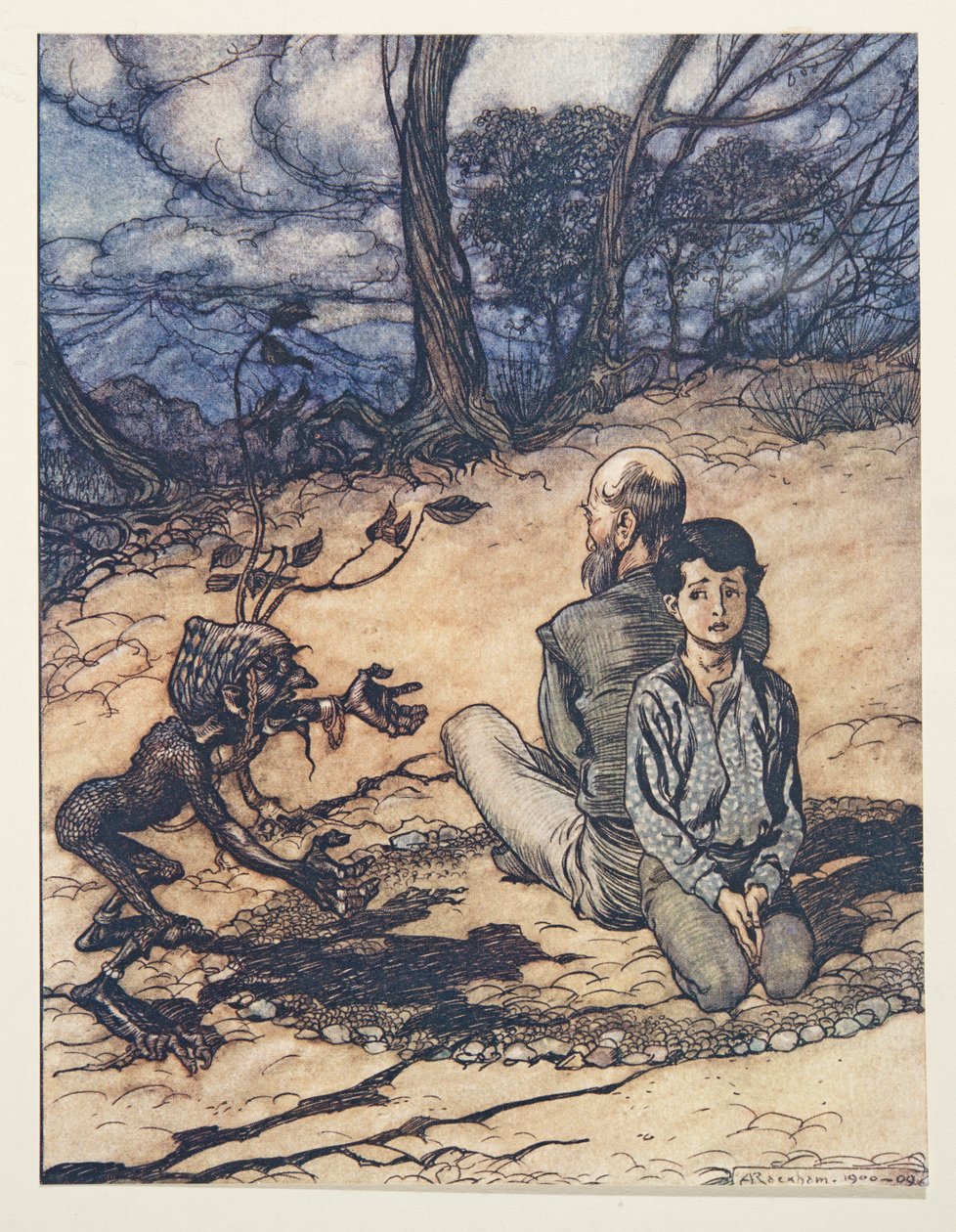 Poika teki ympyrän, ja hänen Isänsä ja hän asettuivat sen sisälle, ja pieni musta mannikiini ilmestyi. alkaen Grimmin veljesten sadut, kustantamo: The Fairy Tales of the Brothers Grimm. 1909 tekijältä Arthur Rackham