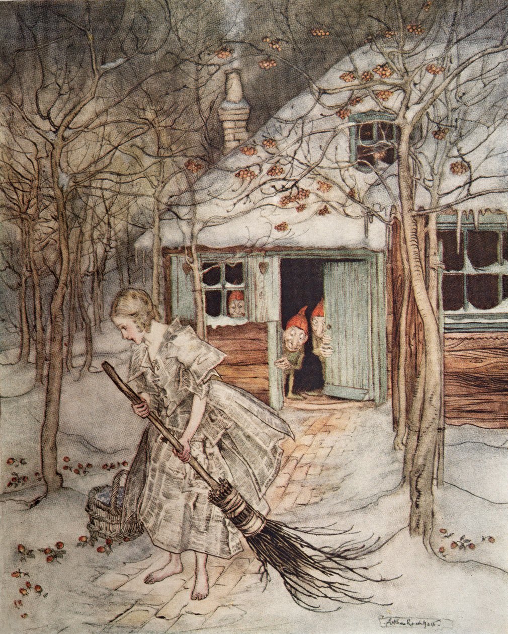 Kolme pientä miestä metsässä, kirjasta Pikkuveli ja pikkusisar ja muita Grimmin veljien tarinoita, pub.1917 tekijältä Arthur Rackham