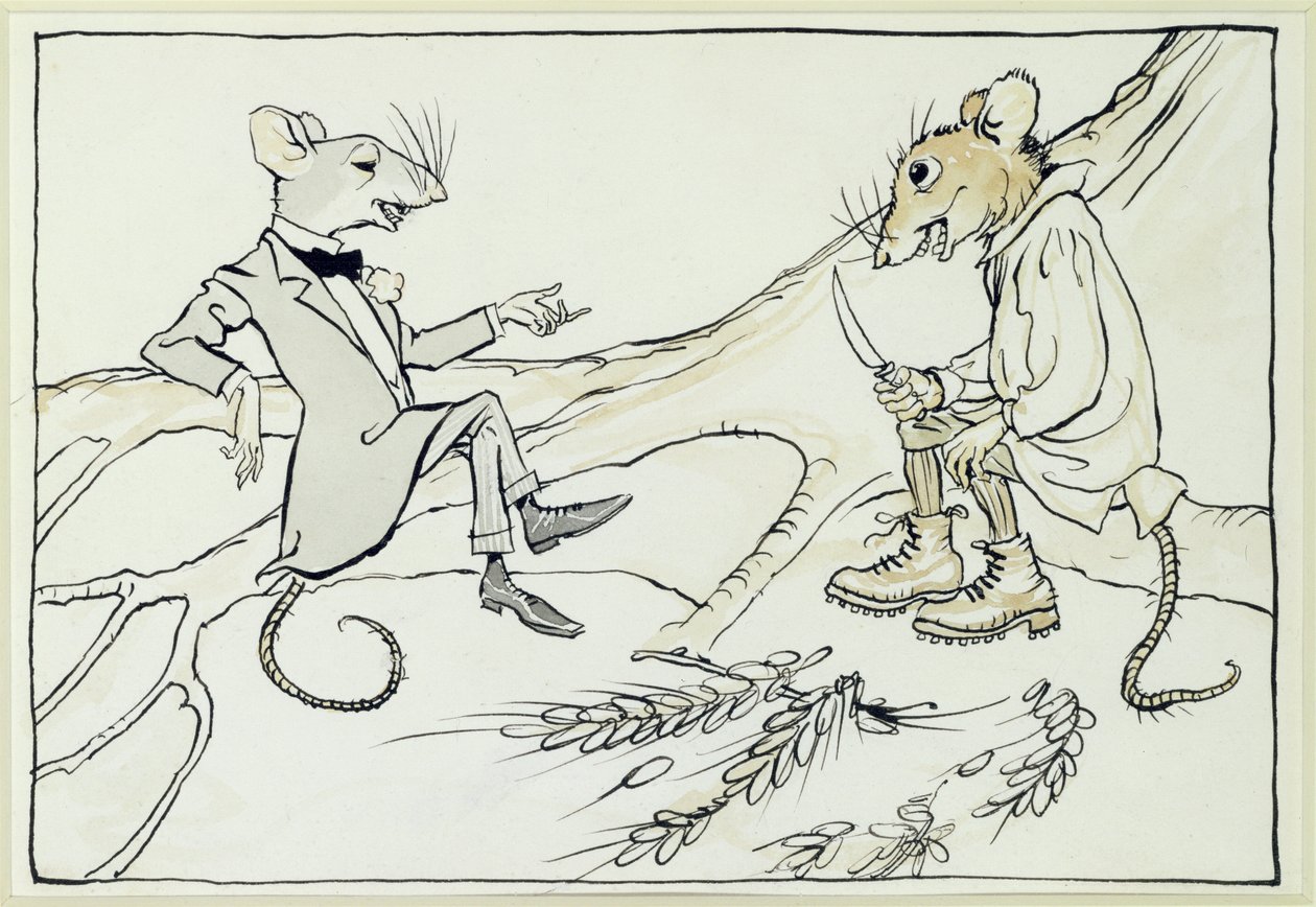 The Town Mouse and the Country Mouse, kuvitus Aesops Fablesista, julkaistu 1912 (kynä & muste wc:llä paperilla) tekijältä Arthur Rackham