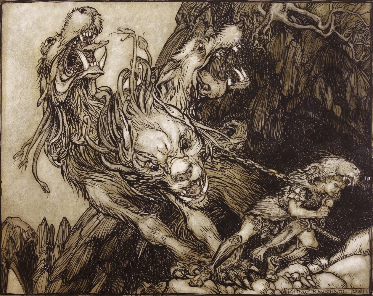 Herkuleen kahdestoista työ, kuvitus teoksesta The Greek Heroes, kirjoittanut B.G. Niebuhr, 1903 (kynä & muste ja wc paperilla) tekijältä Arthur Rackham