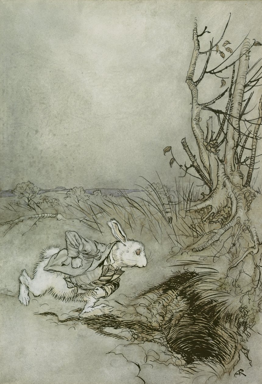 Valkoinen kani, kuvitus "Liisan seikkailuista ihmemaassa", 1907 (kynä, muste ja wc paperilla) tekijältä Arthur Rackham