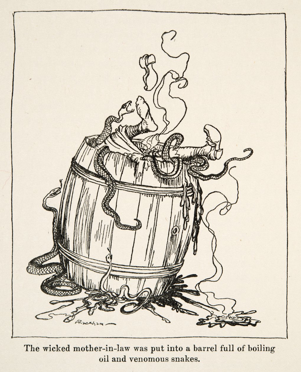 Paha anoppi laitettiin tynnyriin, joka oli täynnä kiehuvaa öljyä ja myrkyllisiä käärmeitä, teoksesta Little Brother & Little Sister and Other Tales by the Brothers Grimm, pub.1917 (litho) tekijältä Arthur Rackham
