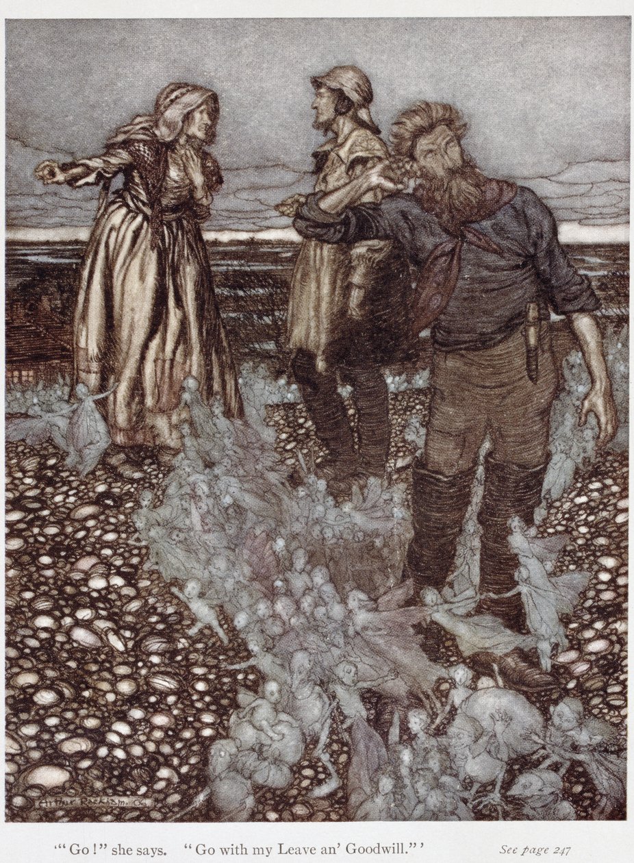 Leski Whitgift ja hänen poikansa, Rudyard Kiplingin (1865-1936) "Puck of Pook Hill" -teoksesta 1906 (kynä ja muste ja akvarelli paperille) tekijältä Arthur Rackham