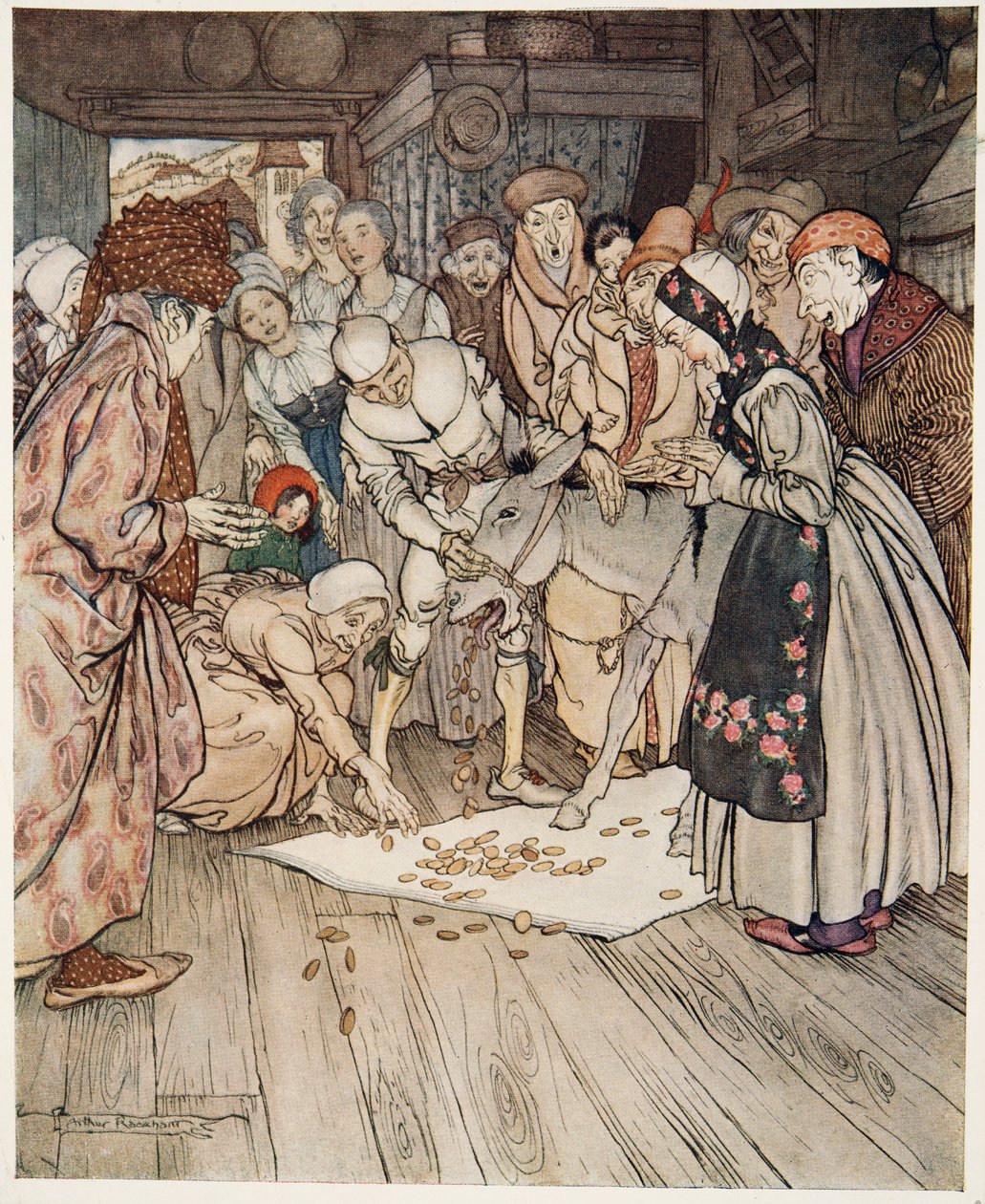 Toivepöytä, jumala-aasi ja nuija selässä, teoksesta Pikkuveli ja pikkusisko ja muita Grimmin veljesten tarinoita, pub.1917 tekijältä Arthur Rackham