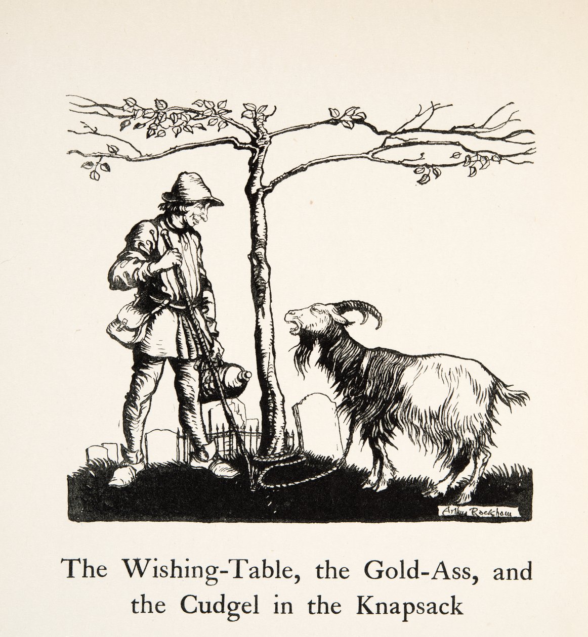 Toivepöytä, kultaaasi ja nuija selässä, teoksesta Little Brother & Little Sister ja muita Grimmin veljesten tarinoita, pub.1917 (litho) tekijältä Arthur Rackham
