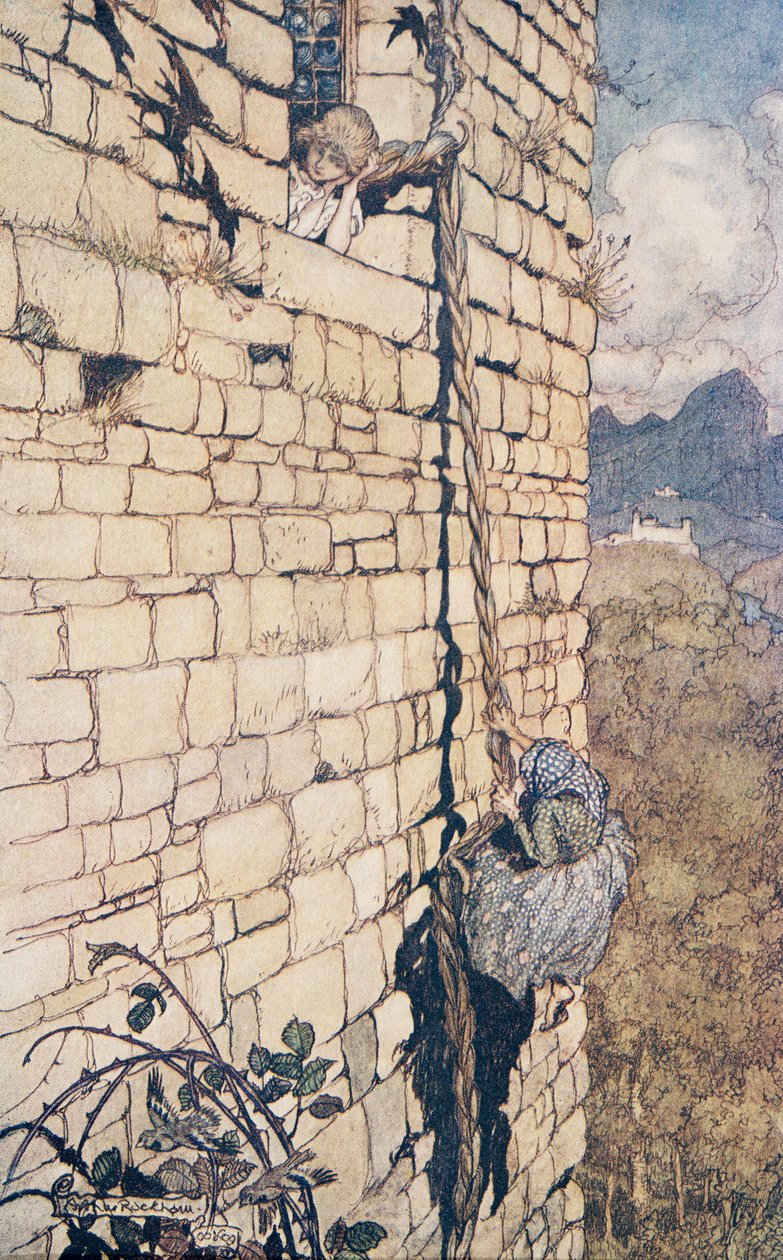 Noita kiipesi ylös .. , Grimmin veljien saduista, pub. 1909 tekijältä Arthur Rackham