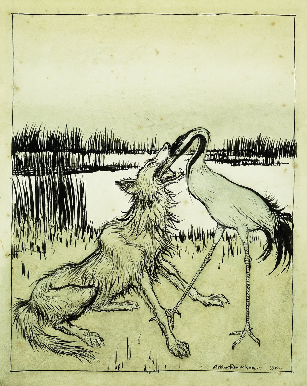 Susi ja kurki - Aesops-tarinoita, 1912 tekijältä Arthur Rackham