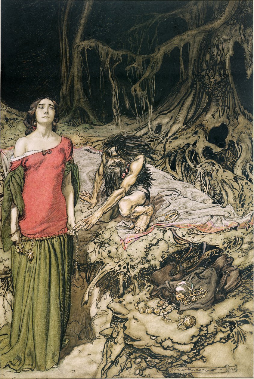 Hagenin äidin Grimhilden kosiskelu Richard Wagnerin teoksesta "Siegfried ja jumalten hämärä", jonka on kääntänyt Margaret Armour, 1911. tekijältä Arthur Rackham