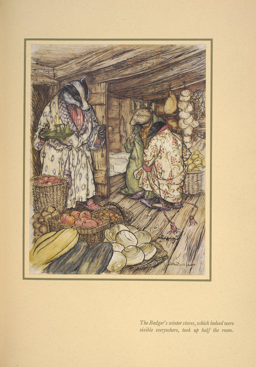 Mäyrän talvivarastot, jotka tosiaan näkyivät kaikkialla, veivät puolet huoneesta. tekijältä Arthur Rackham