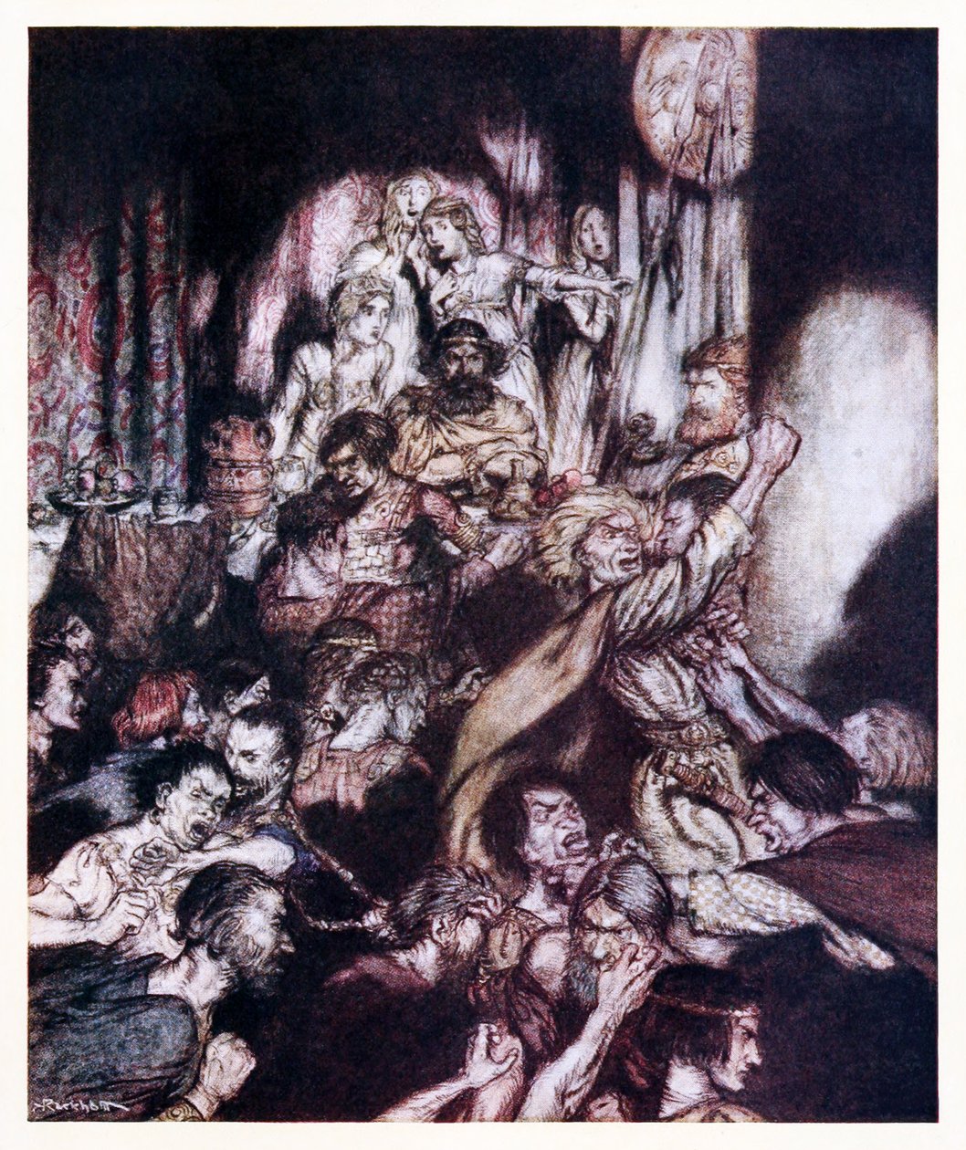 Juhlasalissa vallitsi kuohunta. from The Little Brawl in Irish Fairy Tales (Pikku tappelu irlantilaisista saduista) tekijältä Arthur Rackham