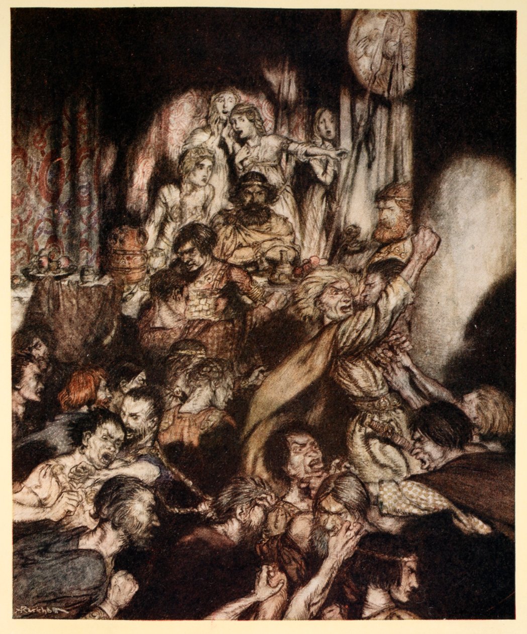 Juhlasalissa oli melua, kuvitus James Stephensin Irlannin saduista tekijältä Arthur Rackham
