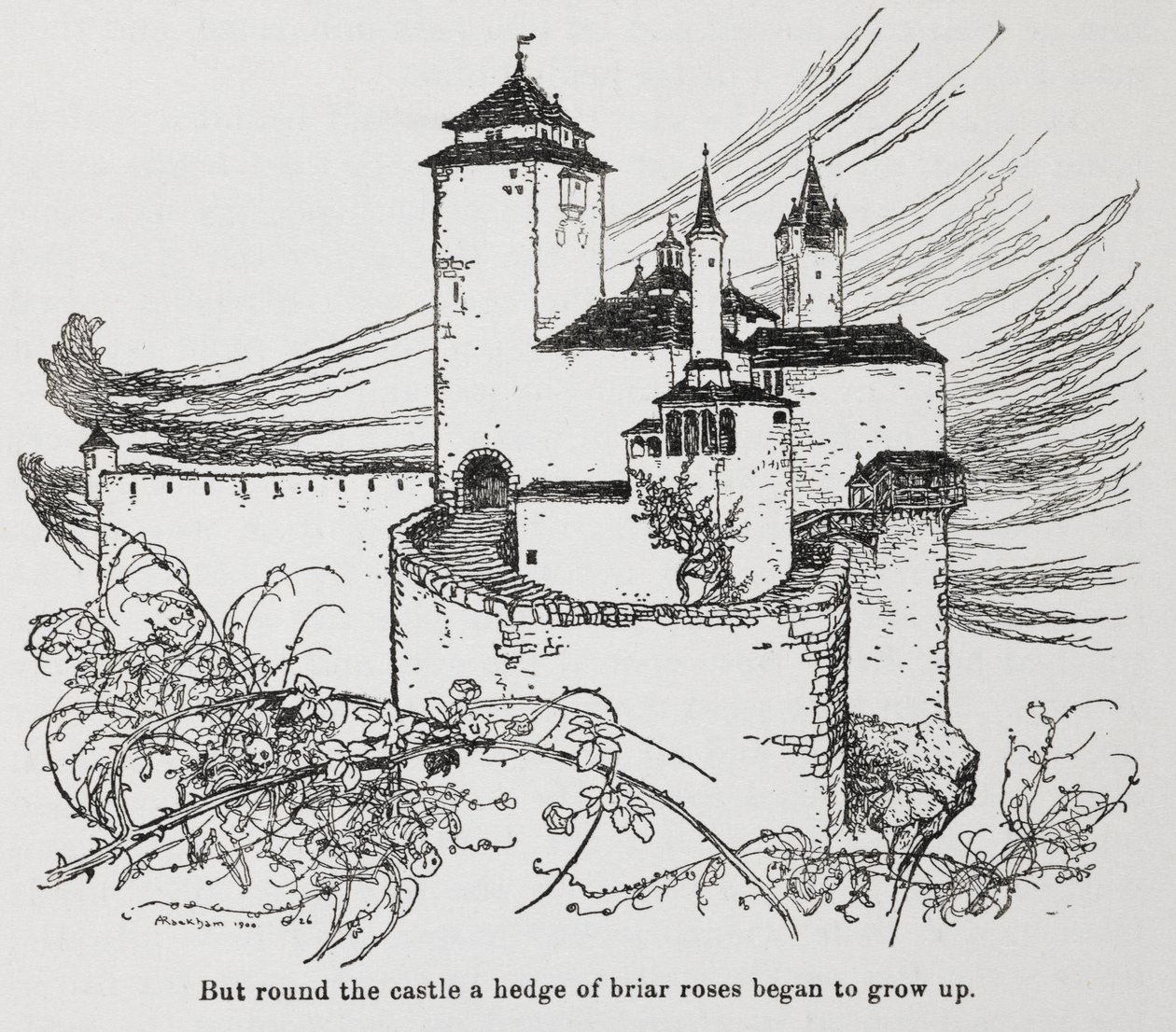 Briar Rosen (Prinsessa Ruusun) orjantappurien ympäröimä linna tekijältä Arthur Rackham