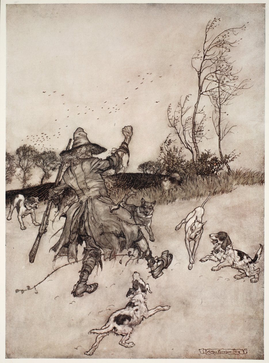 Myös koirat, joista hän ei tunnistanut yhden vanhasta tutusta, haukkui hänelle hänen ohittaessaan. Rip Van Winkle, Washington Irving, pub. 1910 tekijältä Arthur Rackham