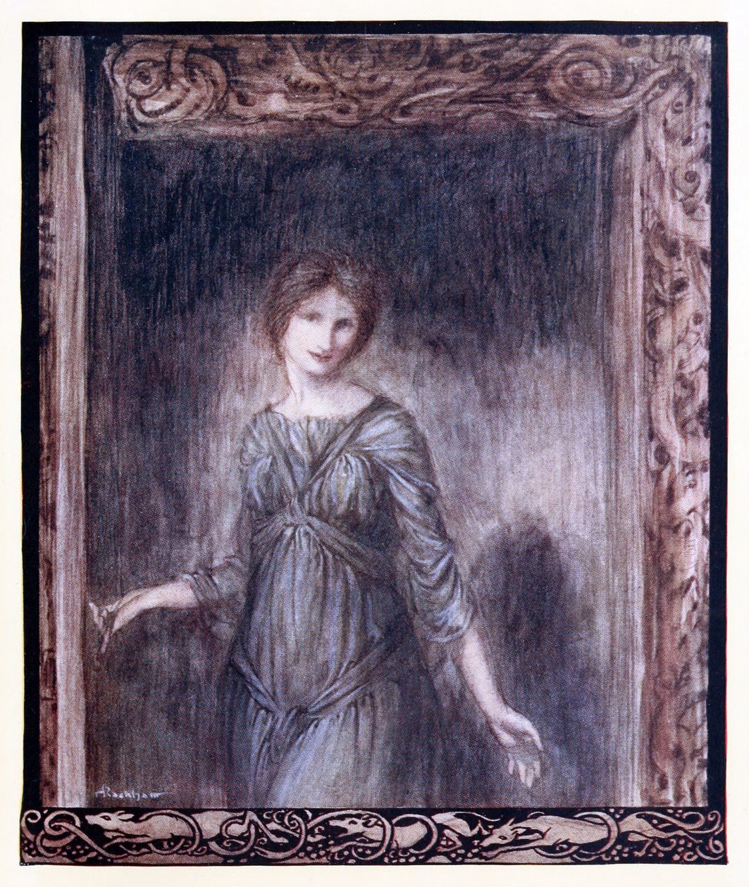 Fionnin kammion ovi avautui varovasti ja huoneeseen tuli nuori nainen. Oisinin äidistä Irish Fairy Talesissa tekijältä Arthur Rackham
