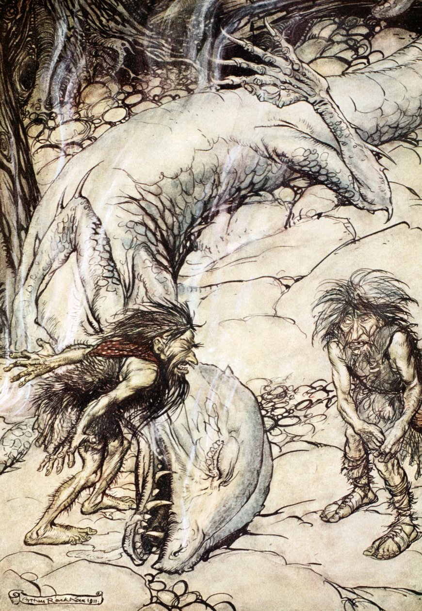 "Kääpiöt riitelevät Fafnerin ruumiista", 1924. tekijältä Arthur Rackham