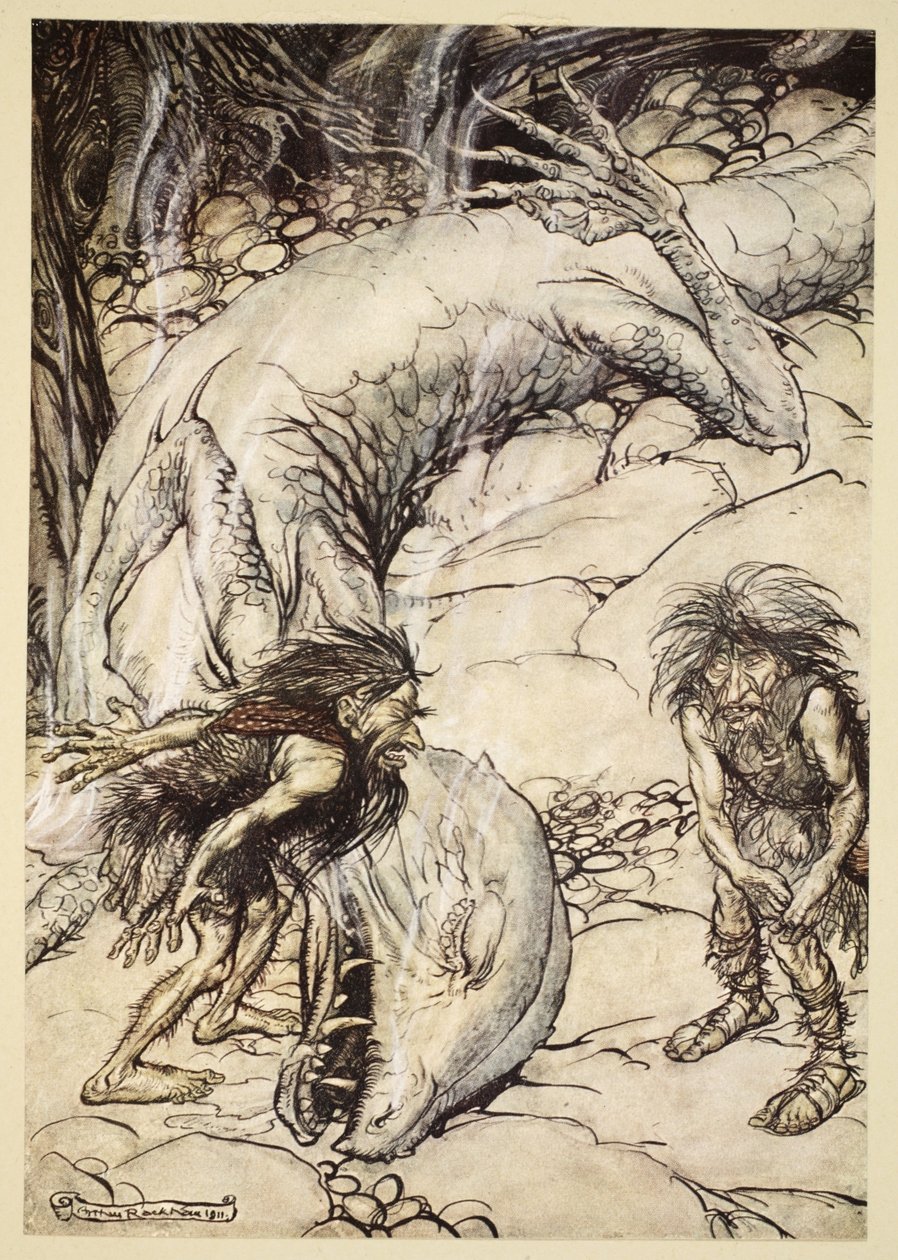 Kääpiöt riitelevät Fafnerin ruumiista, kuvitus teoksesta "Siegfried and the Twilight of the Gods", 1924 tekijältä Arthur Rackham
