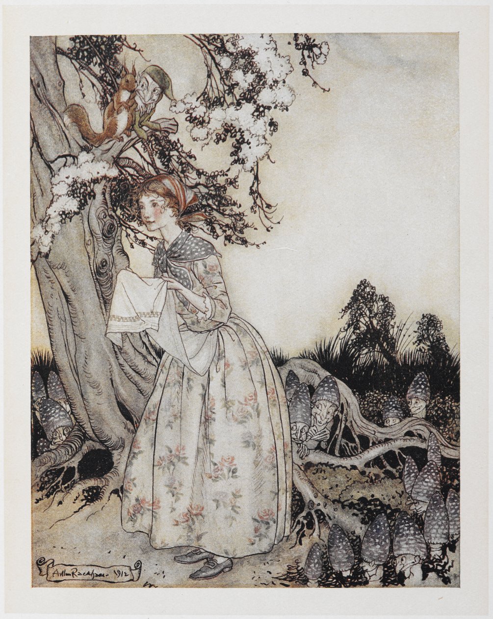 Kaunis piika, joka ensimmäisenä toukokuuta lähtee pellolle aamupäivällä. tekijältä Arthur Rackham