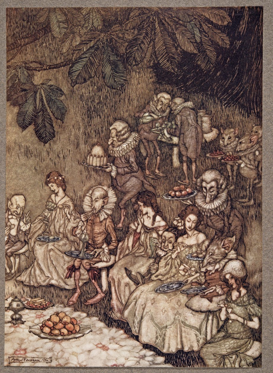 Keijut istuvat sienien päällä ja ovat aluksi hyvin käyttäytyviä, Peter Panin Kensington Gardensista, kirjoittanut J M Barrie (1860 - 1937), pub. 1906 tekijältä Arthur Rackham