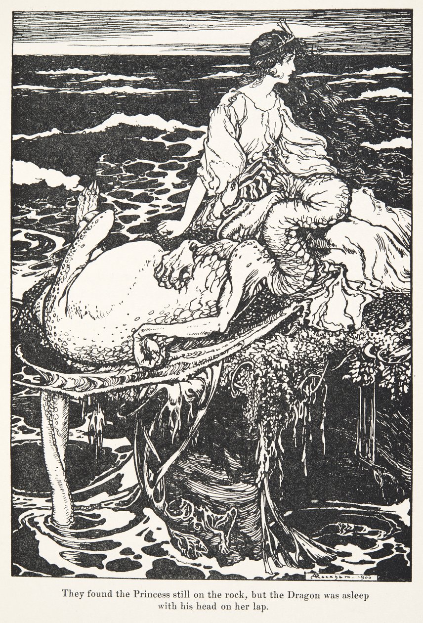 He löysivät prinsessan yhä kalliolta, mutta lohikäärme nukkui pää sylissään, , Grimmin veljesten saduista, kustantamo. 1909 tekijältä Arthur Rackham