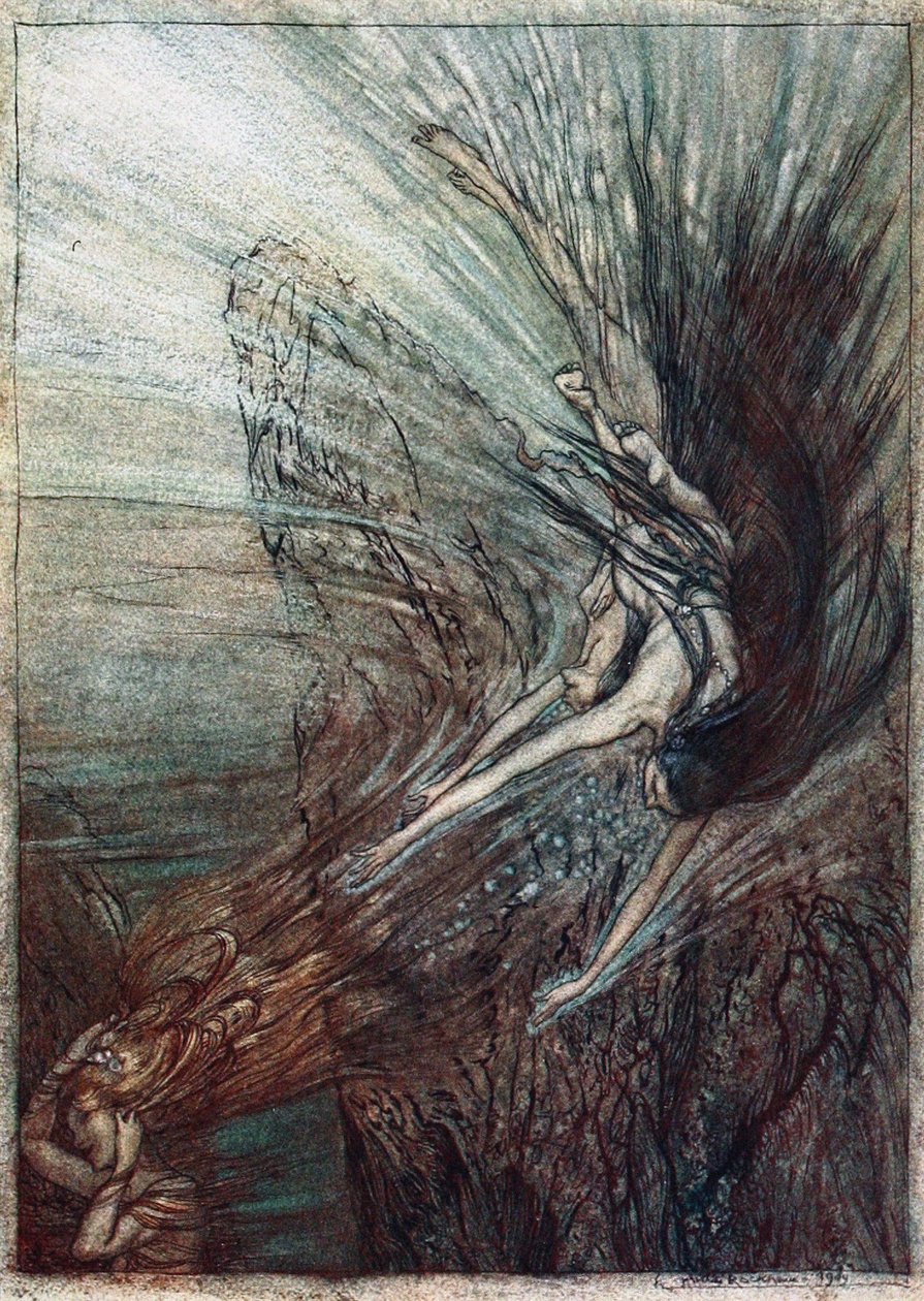 Rheinneitojen ilonpitoa. Kuvitus Richard Wagnerin teoksiin The Rhinegold ja The Valkyrie, tekijältä Arthur Rackham