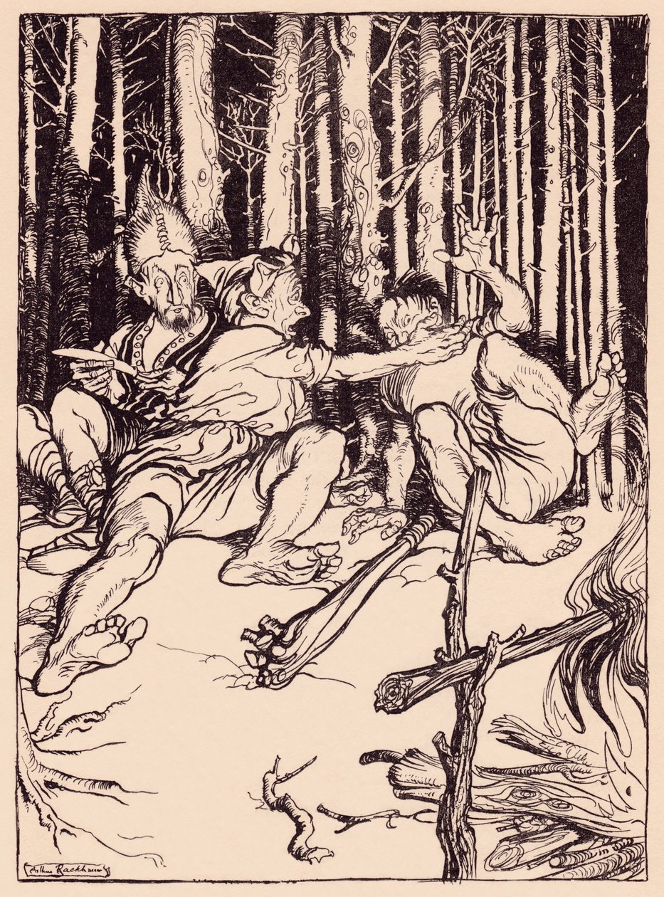 Jättiläinen antoi vieressä istuvalle laatikon korvaan. Arthur Rackhamin kuvitus Grimmin sadusta, Taitava metsästäjä. tekijältä Arthur Rackham
