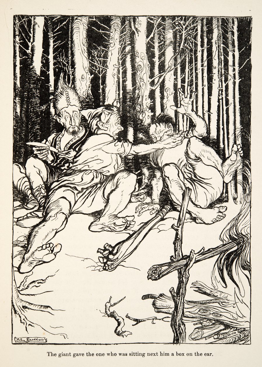 Jättiläinen antoi vieressä istuvalle laatikon korvalle, kirjasta Little Brother & Little Sister ja muita tarinoita Grimmin veljekset, pub.1917 (litho) tekijältä Arthur Rackham