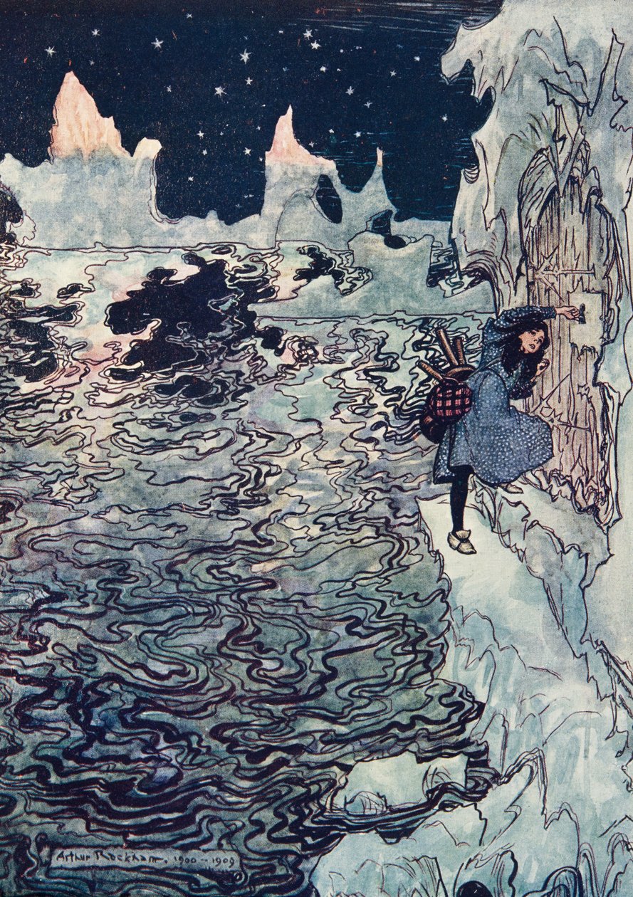 Kiltti pikkusisko katkaisi oman pikkuruisen sormensa, laittoi sen lukkoon ja onnistui avaamaan sen. alkaen Grimmin veljesten sadut, pub. 1909 tekijältä Arthur Rackham