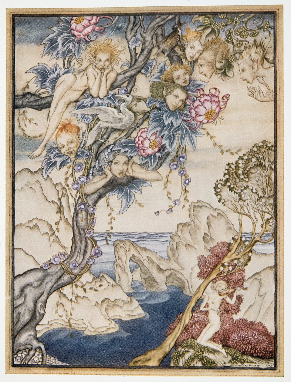 Saari on täynnä ääniä, kohinoita ja suloisia tuulahduksia, jotka ilahduttavat ja eivät haittaa, kuvitus William Shakespearesin Myrsky -teoksesta, pub. 1926 tekijältä Arthur Rackham