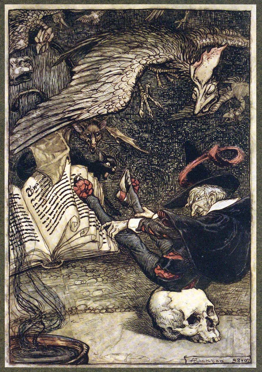 Pieni mies oli istuutunut ympyrän keskelle suuren kallon päälle, The Ingoldsby Legends -pubista. 1907 tekijältä Arthur Rackham