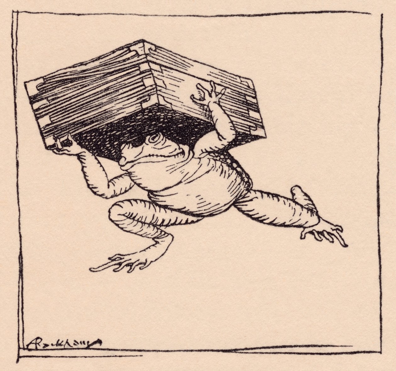 Pieni meni ja toi laatikon. Arthur Rackhamin kuvitus Grimmin sadusta Rautaliesi. tekijältä Arthur Rackham