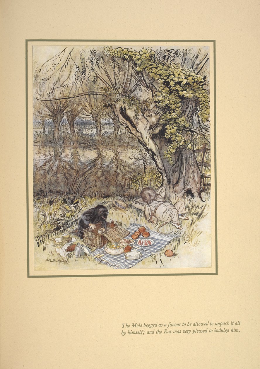 "Myyrä anoi palveluksena, että hänen sallittaisiin purkaa kaikki itse; ja rotta oli hyvin iloinen voidessaan hemmotella häntä." tekijältä Arthur Rackham