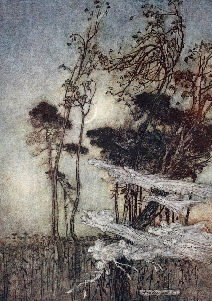 ..Kuu kuin hopeajouselle Uusi taivaassa, kuvitus William Shakespearen Kesäyön unelmasta, 1908 tekijältä Arthur Rackham