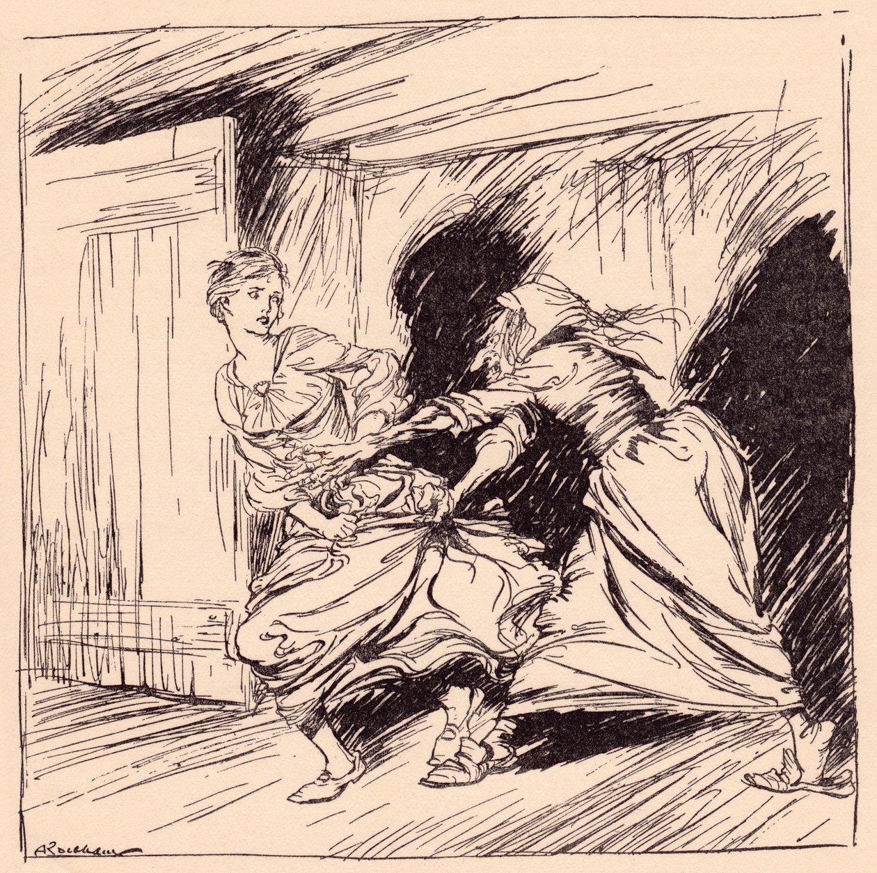 Vanha nainen tarttui häneen takista ja yritti pitää häntä lujasti. Arthur Rackhamin kuvitus Grimmin sadusta, Lumottu puu. tekijältä Arthur Rackham