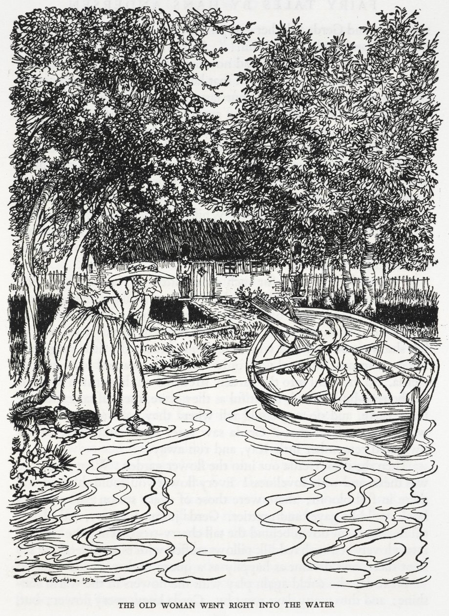 "Vanha nainen meni suoraan veteen". Kuvitus "taikuuden osaavan naisen kukkapuutarhasta". Nuori tyttö, Gerda, veneessä. Vanha nainen astuu jokeen auttamaan häntä. tekijältä Arthur Rackham