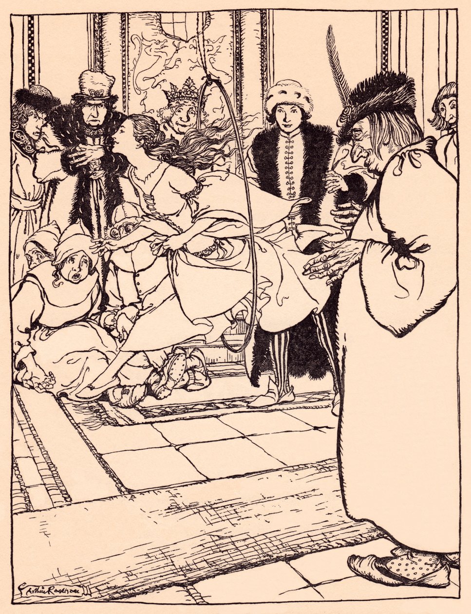 Kaunis neito hyppäsi vanteen läpi kevyesti kuin peura. Arthur Rackhamin kuvitus Grimmin sadusta, Kolme sulkaa. tekijältä Arthur Rackham