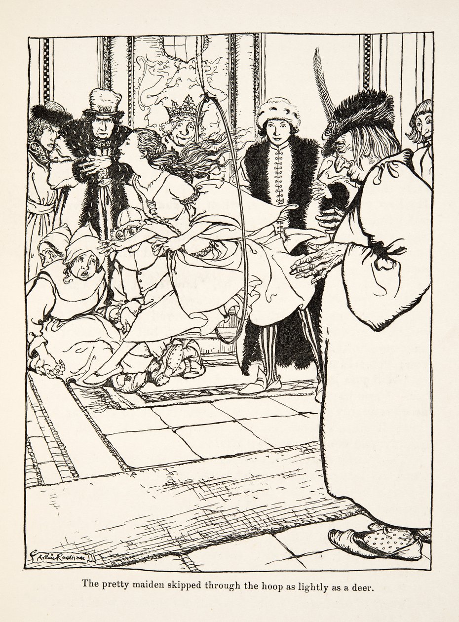 Kaunis neito hyppäsi vanteen läpi kevyesti kuin hirvi, teoksesta Pikkuveli & Pikkusisar ja Muita Grimmin veljesten tarinoita, pub.1917 (litho) tekijältä Arthur Rackham