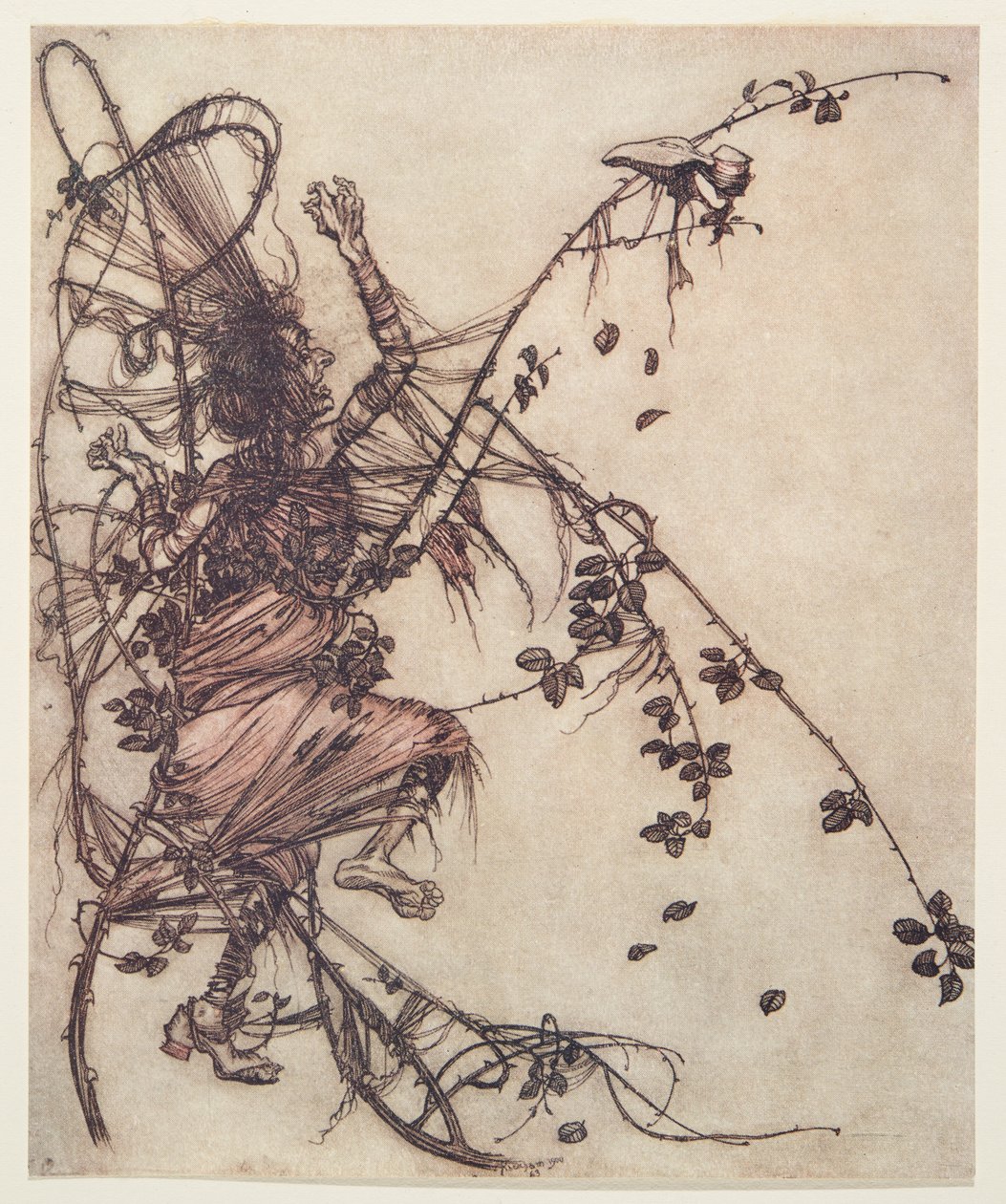 Mitä nopeammin hän soitti, sitä korkeammalle hänen oli hypättävä Grimmin veljesten sadut, pub. 1909 tekijältä Arthur Rackham