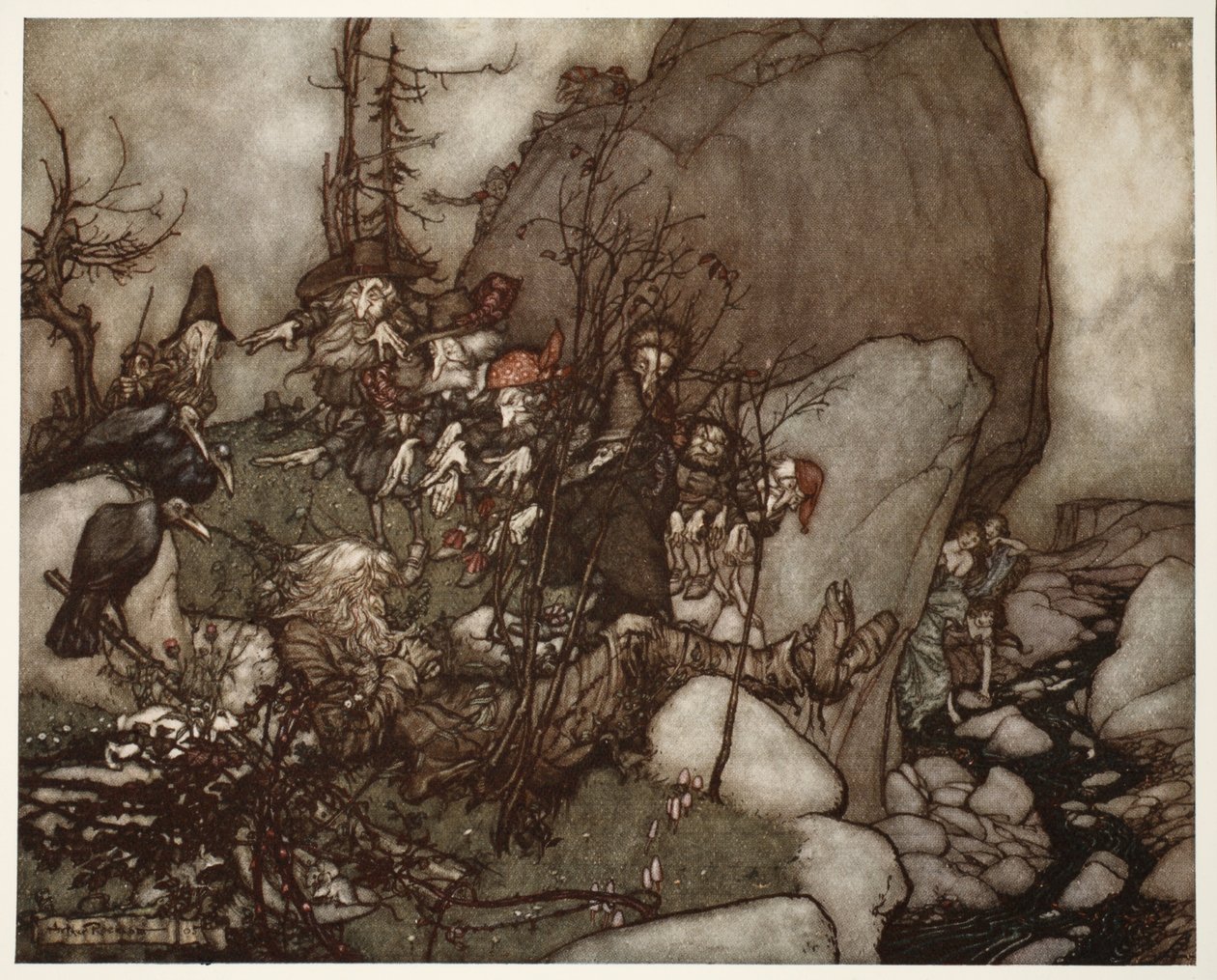 The sleep of Rip Van Winkle., kirjasta Rip Van Winkle, kirjoittanut Washington Irving, pub. 1910 tekijältä Arthur Rackham