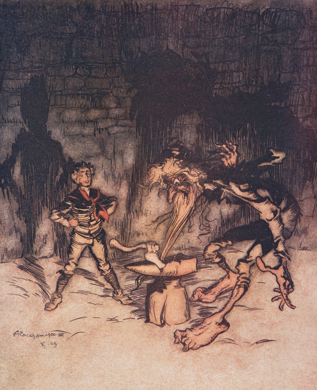 Nuorukainen otti kirveen ja halkaisi alttarin yhdellä iskulla, tarttuen samalla Vanhuksen partaan, Grimmin veljesten saduista, pub. 1909 tekijältä Arthur Rackham