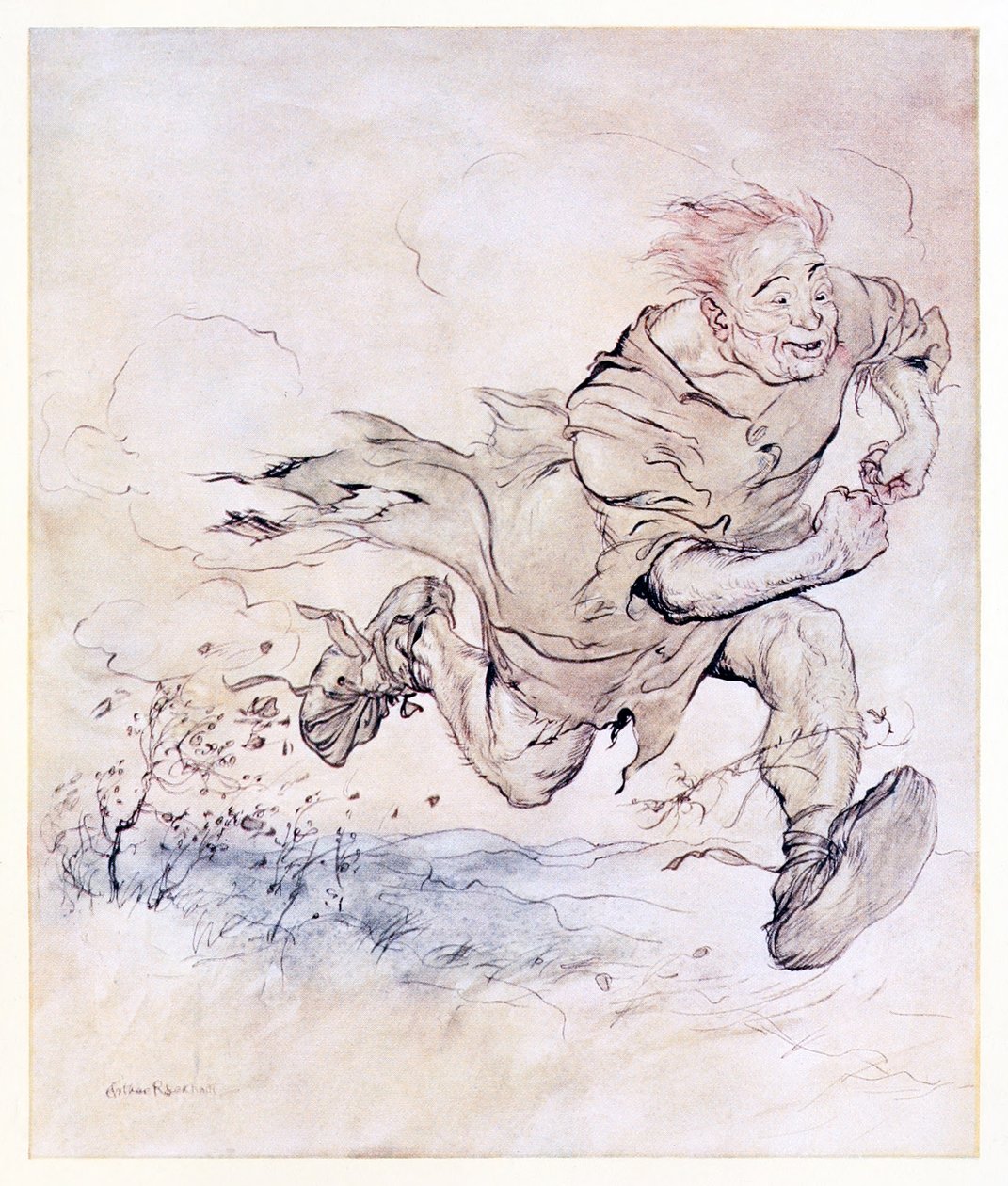 Hänen isojen saappaidensa kolahdus oli yhtä jatkuvaa kuin raekivien paukahdus katolla, ja hänen kulkutiensä tuuli kaatoi puita. from The Carl of the Drab Coat in Irish Fairy Tales (Irlantilaiset sadut) tekijältä Arthur Rackham