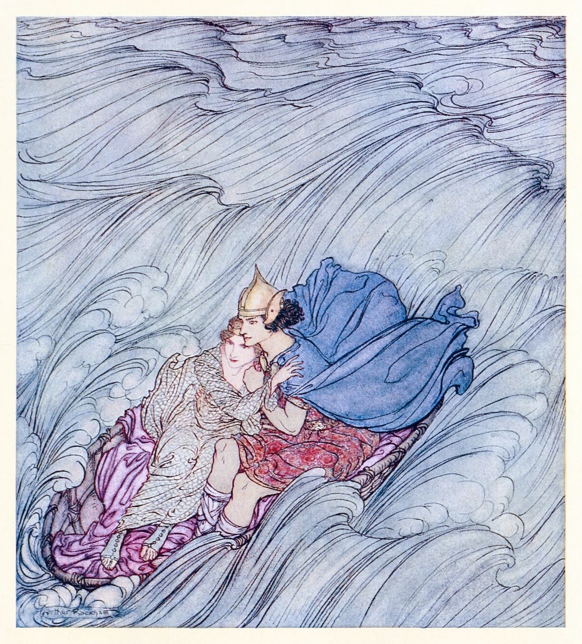 Kaikkien maailmojen aallot näyttivät pyörivän heidän ohitseen yhtenä valtavana vihreänä mattona. from Becuma of the White Skin in Irish Fairy Tales (Irlantilaiset sadut) tekijältä Arthur Rackham